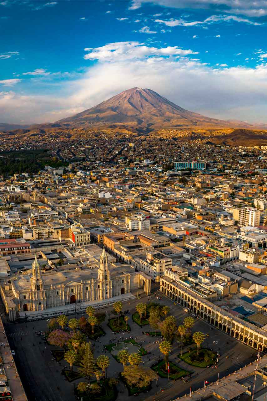 Arequipa cathedral and Plaza de Armas from above, with El Misti volcano behind the city