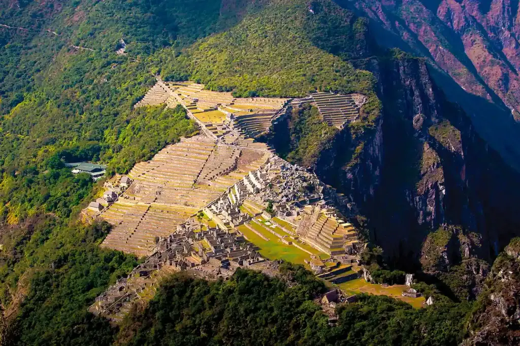 Machu Picchu seen from above on the Huayna Picchu trail, with terraces and the Urubamba canyon