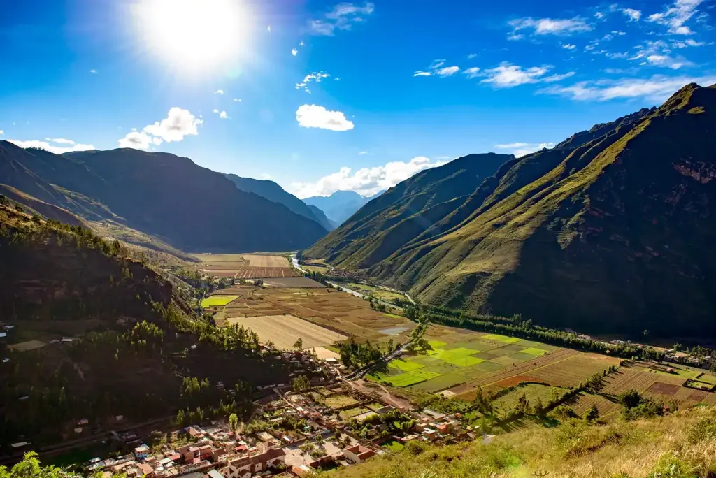 Green fields and mountains of the Sacred Valley near Urubamba